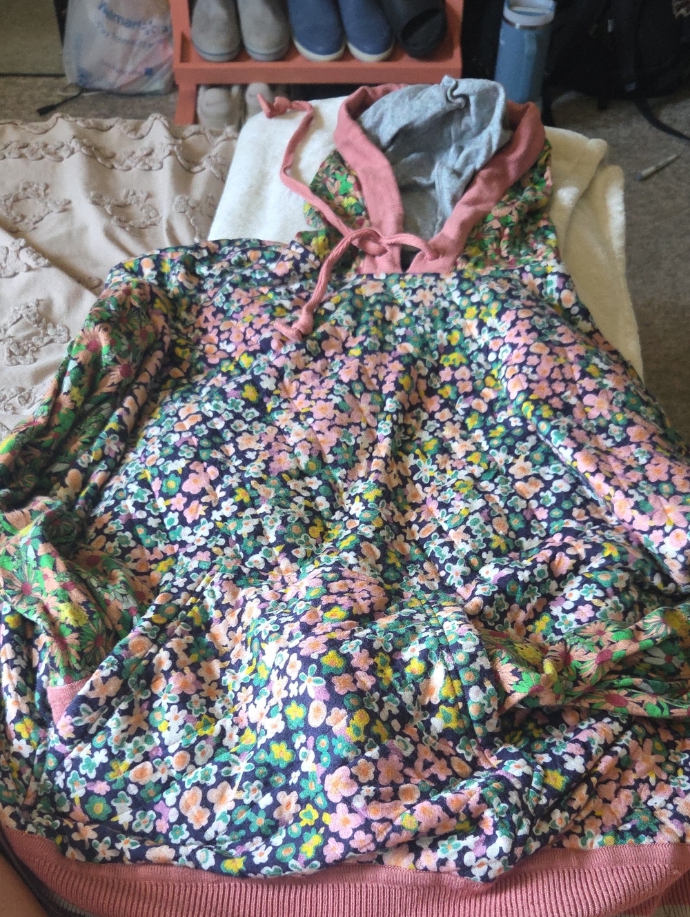 Floral Print Long Sleeve Hoodie - Pink Multi